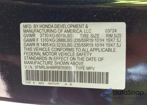 2024 Honda Odyssey Touring from USA, damaged, VIN 5FNRL6H88RB050655